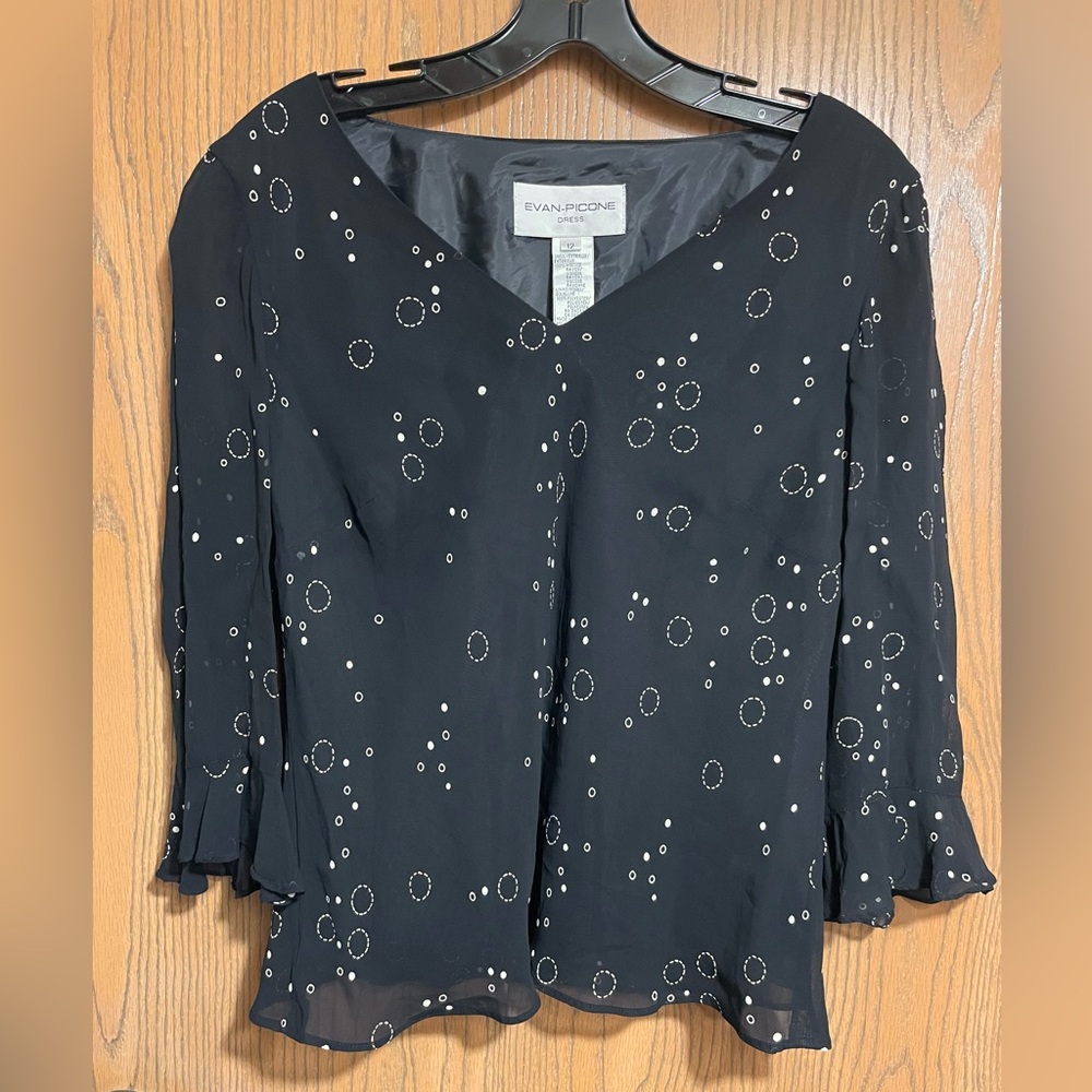 Black Blouse with White Pattern and Sheer Sleeves